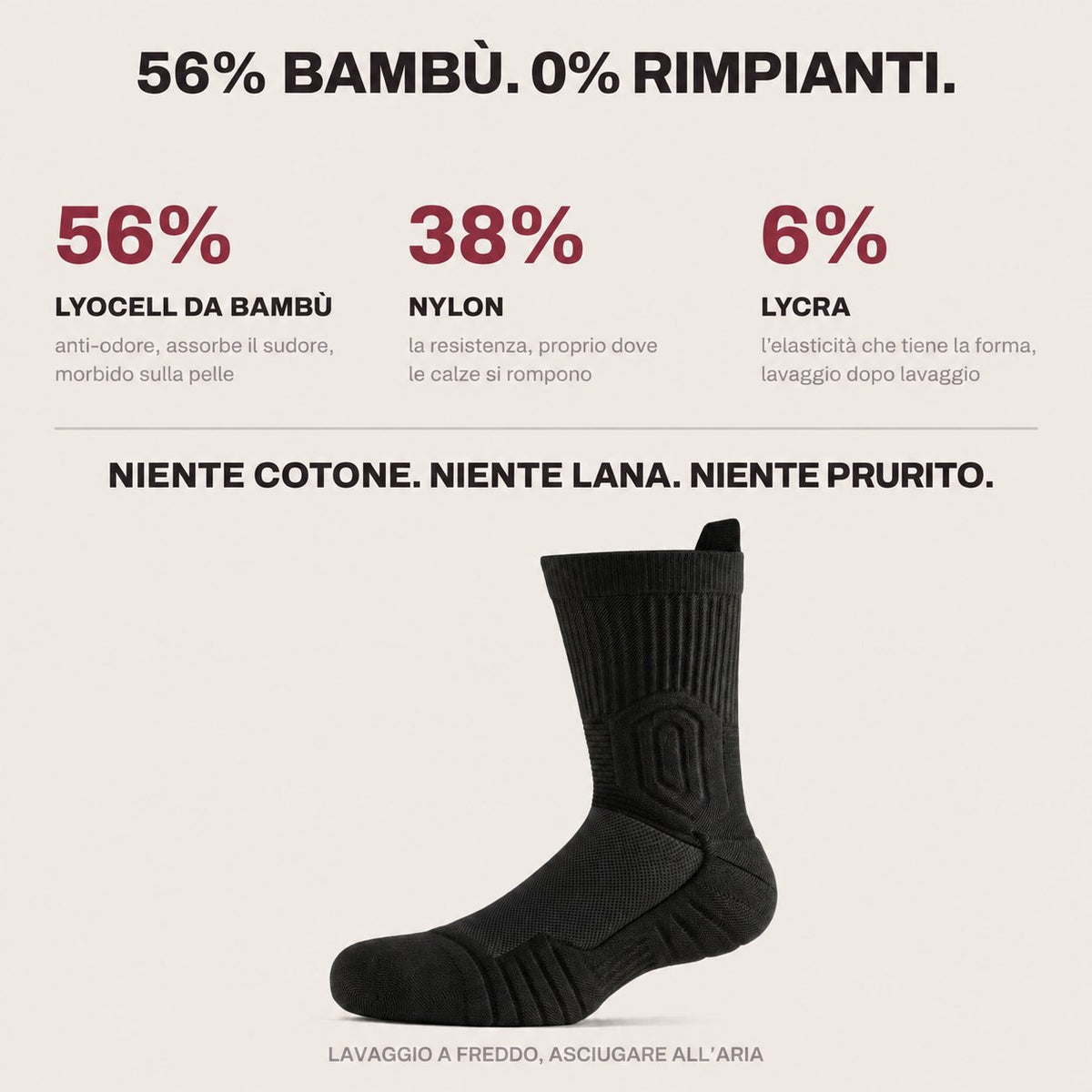 56% bambù, 38% nylon, 6% lycra
